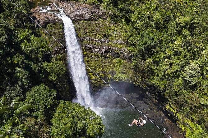 Big Island Zipline Tour Near Akaka Falls (250-ft Waterfall!) - The waterfall zipline moment, Kolekole Falls in full view