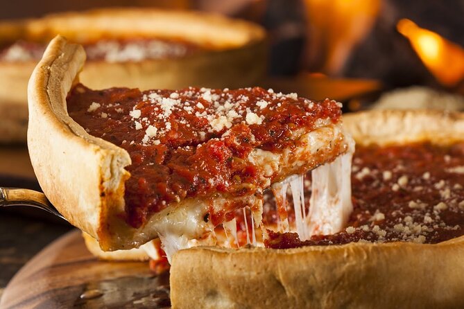 Chicago Loop District Food Tour with Deep Dish & Beef Sandwich - The food lineup: deep dish, dipped beef, hot dog, and a secret surprise
