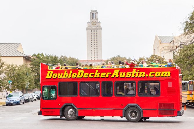 Double Decker Austin Single Loop Sightseeing Tour - UT Austin campus and the Tower: the university side of Austin