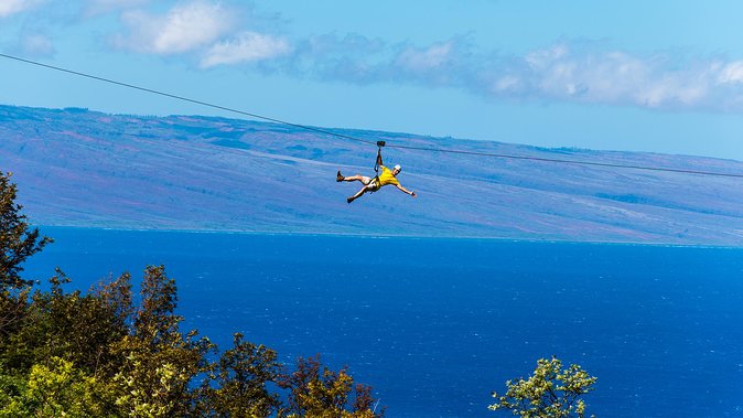 Maui 8 line Zipline Adventure: Soar above valleys & Island views - First launch views: Kahoolawe to Molokai and the fast reality check