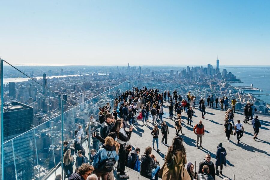 NYC: Edge Observation Deck Admission Ticket - Outdoor Sky Deck: angled glass, leaning out, and a real sense of drop
