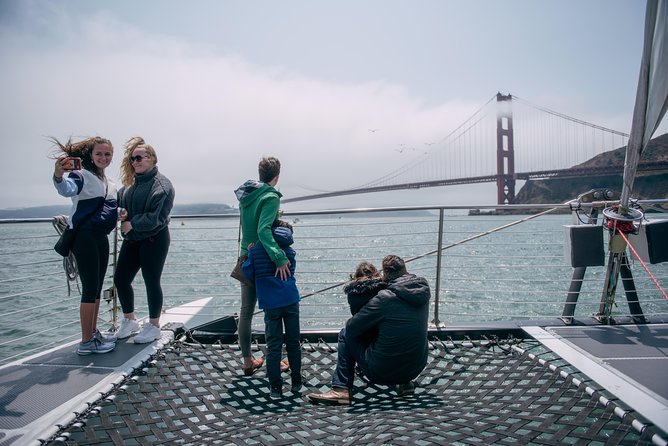 San Francisco Bay Sailing Cruise - Onboard layout: covered views, trampoline nets, and sea air